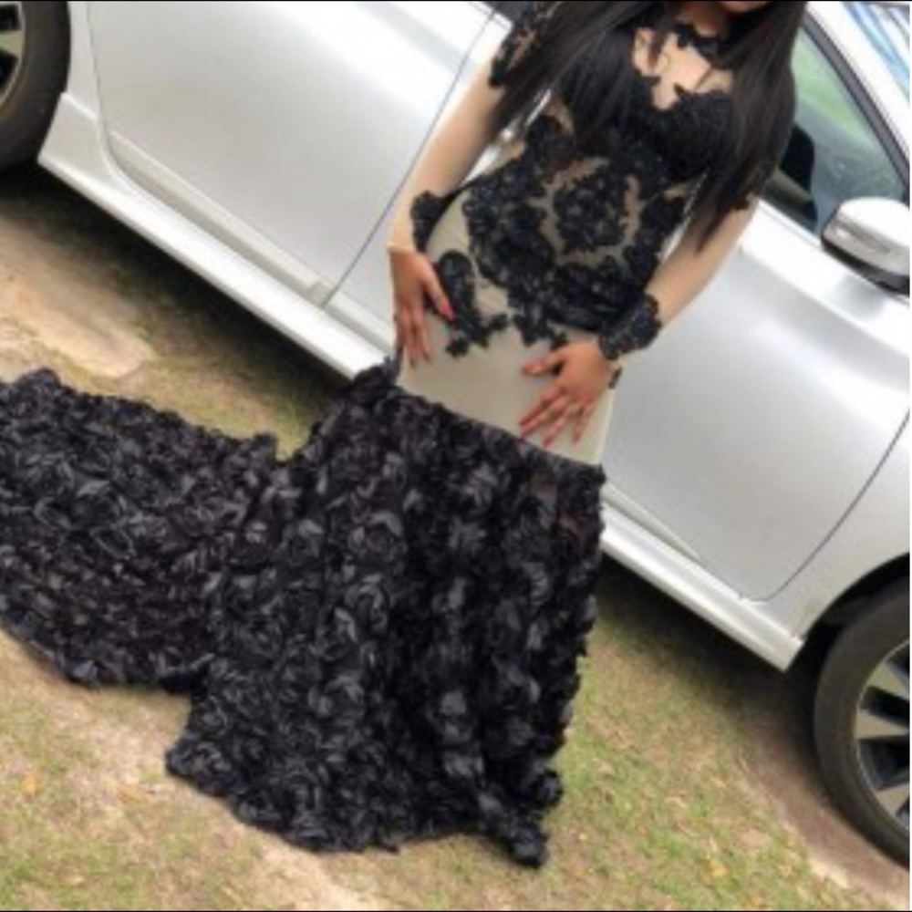 Black mesh rose prom dress